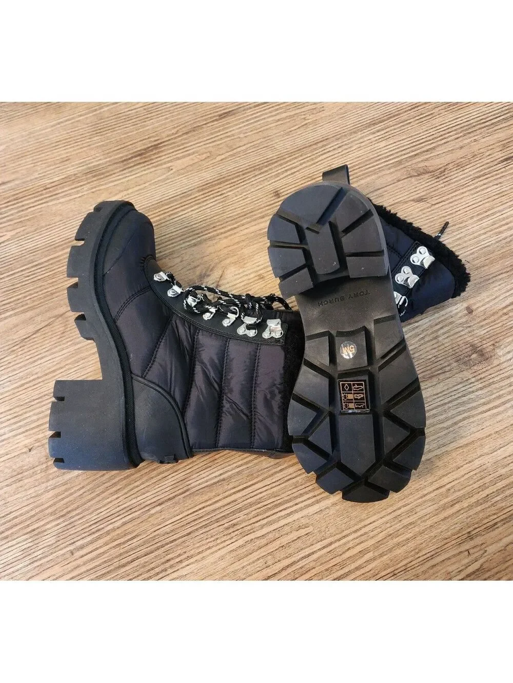 Size 5. Tory Burch Black Quilted Lace-Up Winter Boots with Shearling Lining,